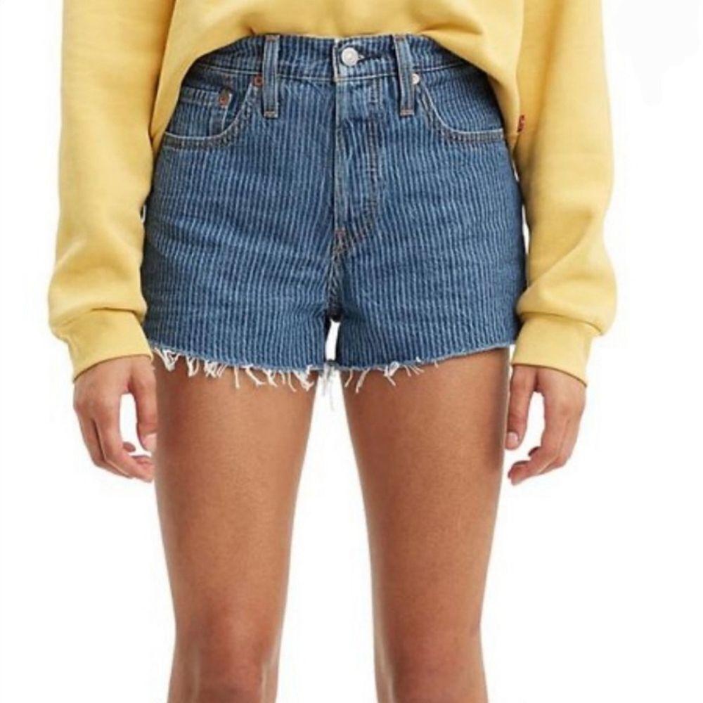 Levi’s 501 High Rise Pinstripe Cut-Off Shorts Button Fly Blue Sz 34 Womens